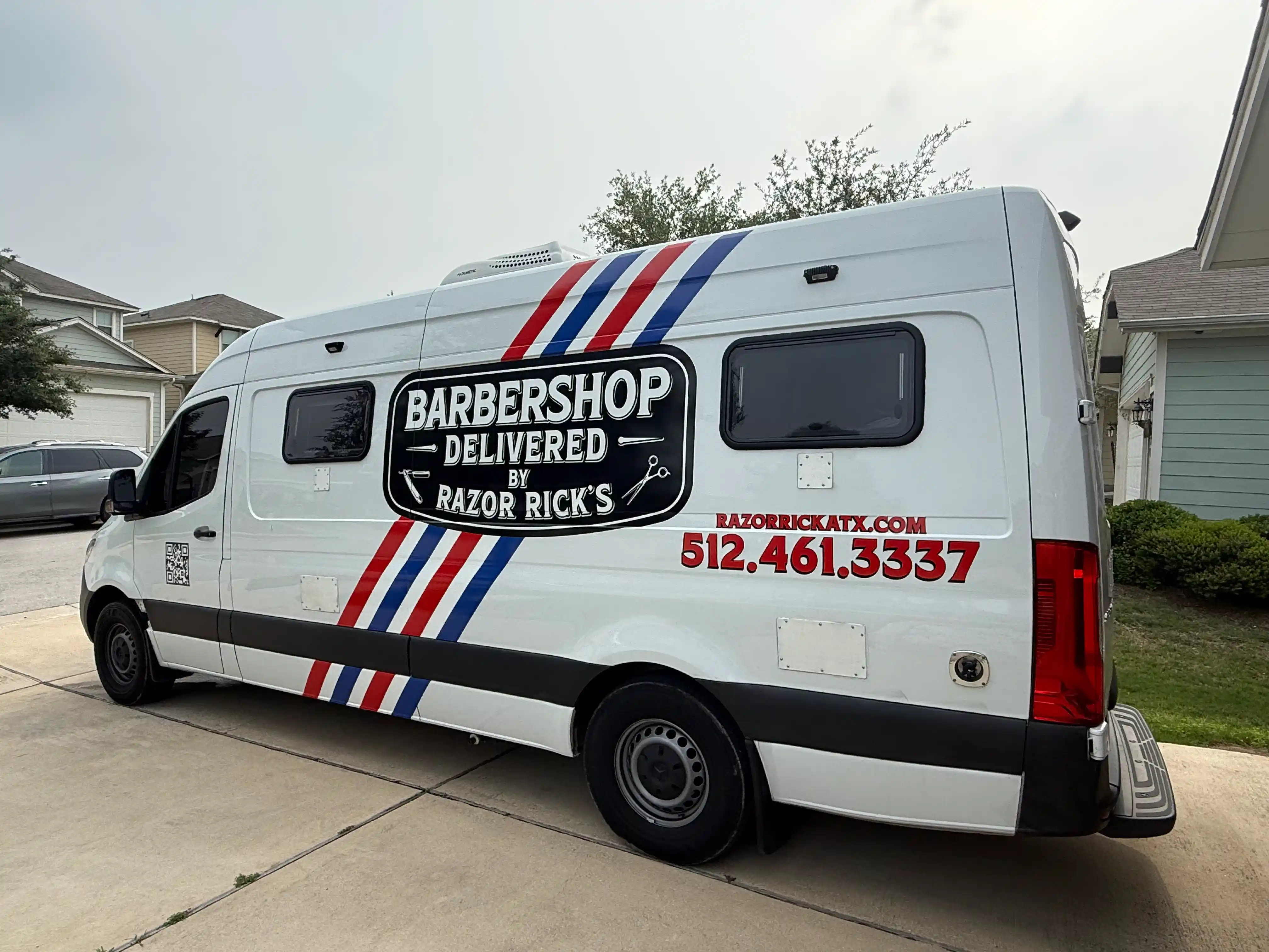 Razor Rick's mobile barbershop Mercedes Sprinter van in Austin TX neighborhood