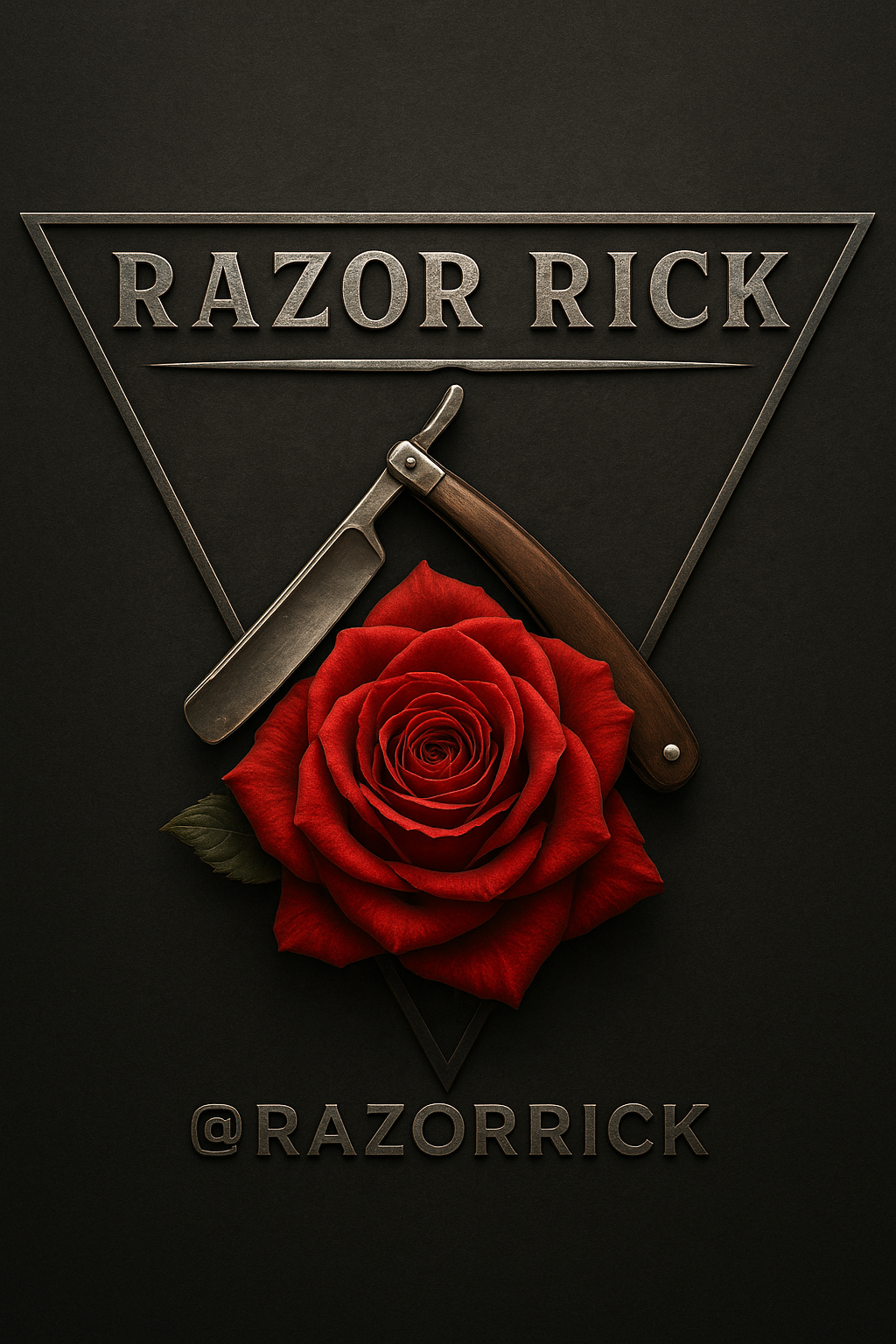 Razor Rick's Barbershop brand mark — straight razor, red rose, and triangle logo