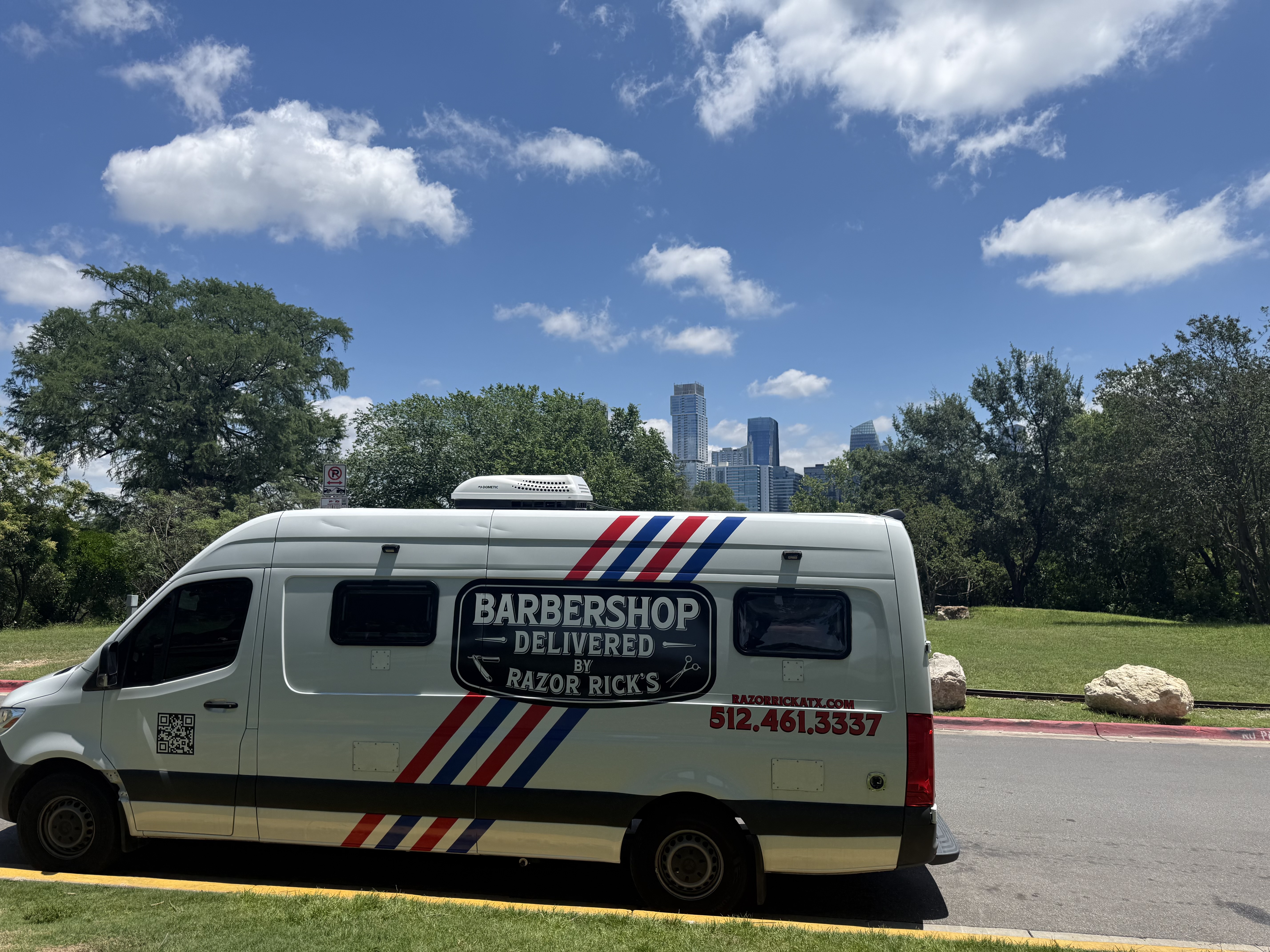 Razor Rick's mobile barbershop Mercedes Sprinter van exterior